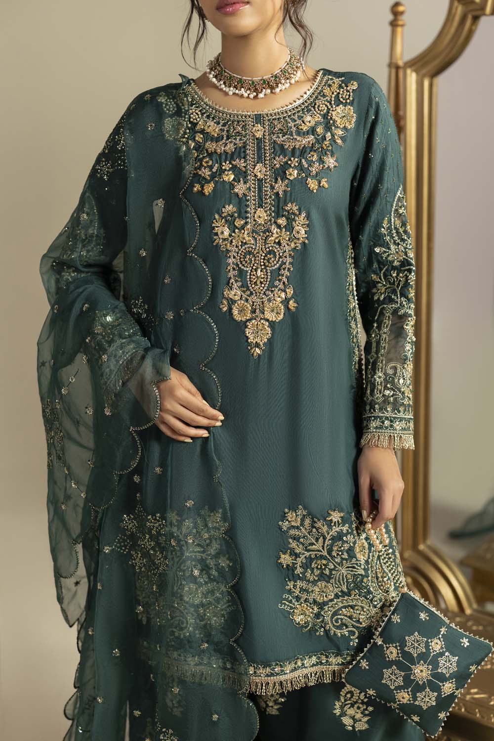 Raw Silk Hand-Embellished Suit — Bottle Green | Rosh Creations