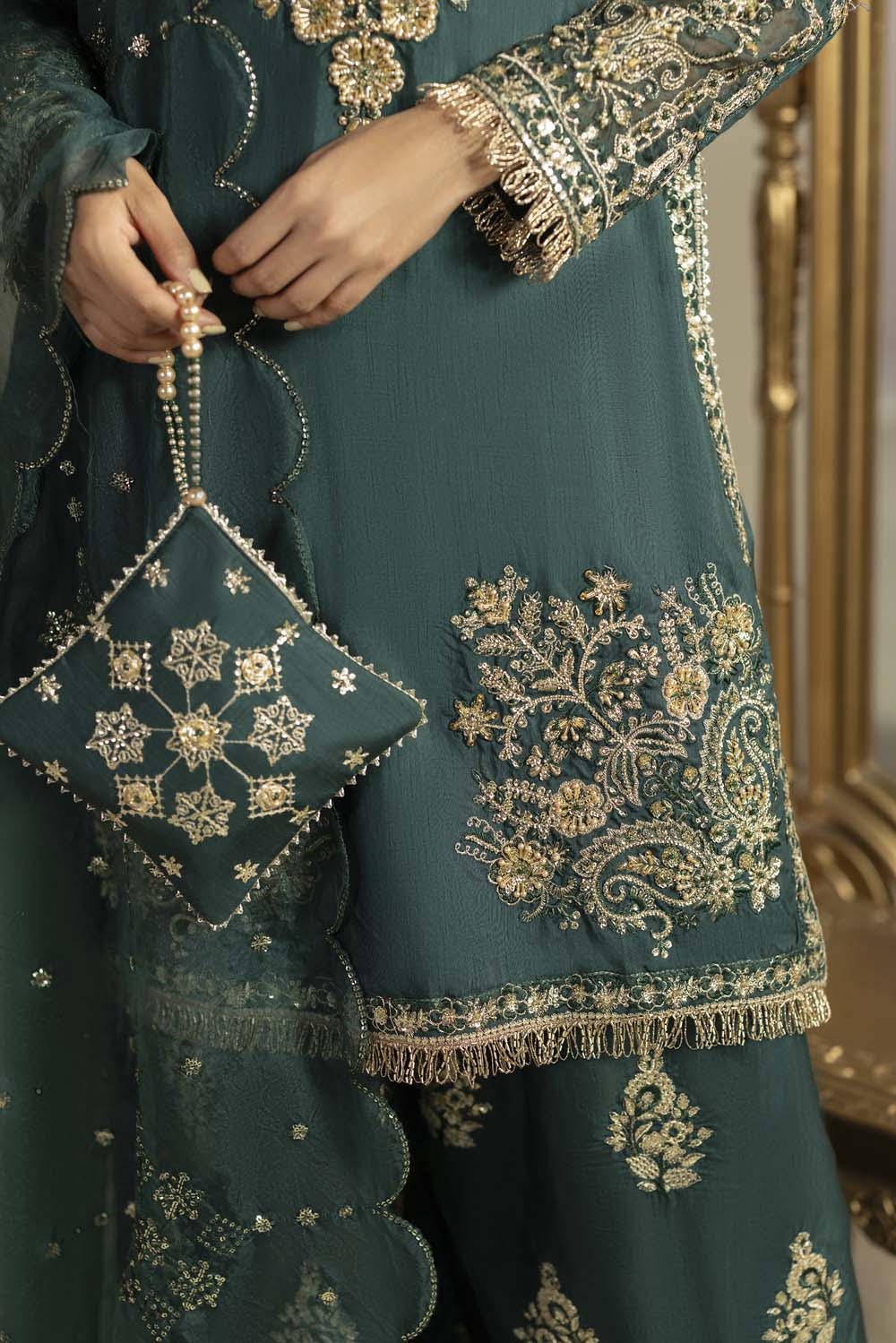 Raw Silk Hand-Embellished Suit — Bottle Green | Rosh Creations