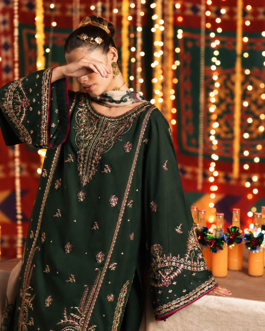 Dilkash Emerald Green Embroidered Silk Viscose Pakistani Suit with Dupatta