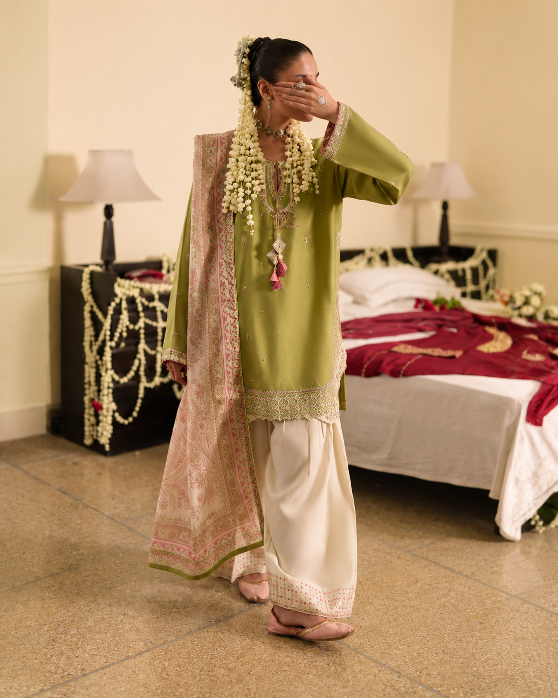 Husn-e-Baharan Olive Green Silk Viscose Suit | Pakistani Wedding Wear