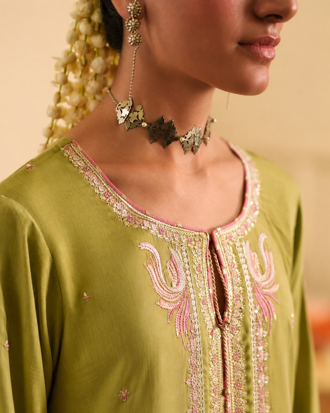 Husn-e-Baharan Olive Green Silk Viscose Suit | Pakistani Wedding Wear