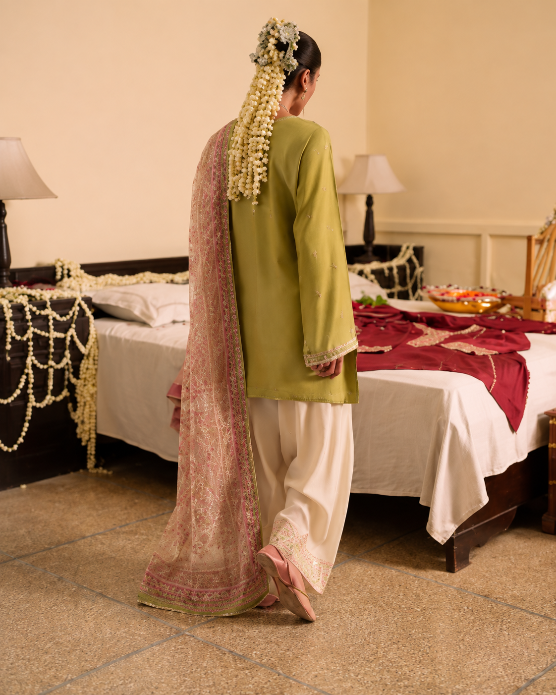 Husn-e-Baharan Olive Green Silk Viscose Suit | Pakistani Wedding Wear