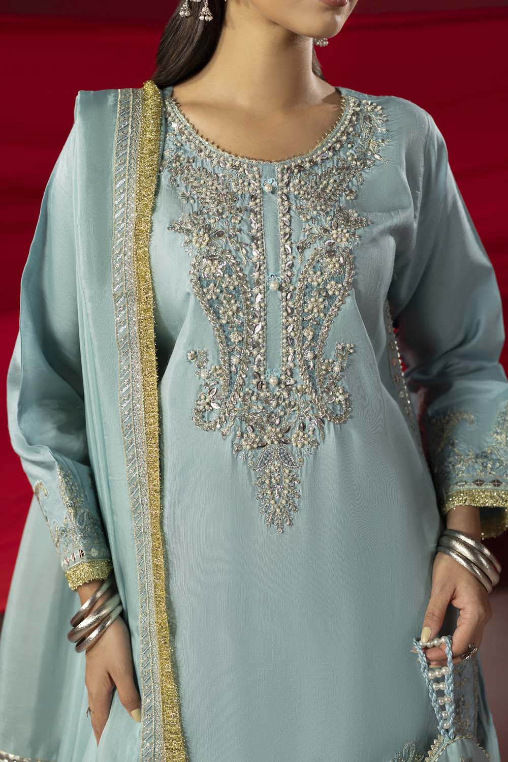 Raw Silk Hand-Embellished Suit — Ice Blue | Rosh Creations