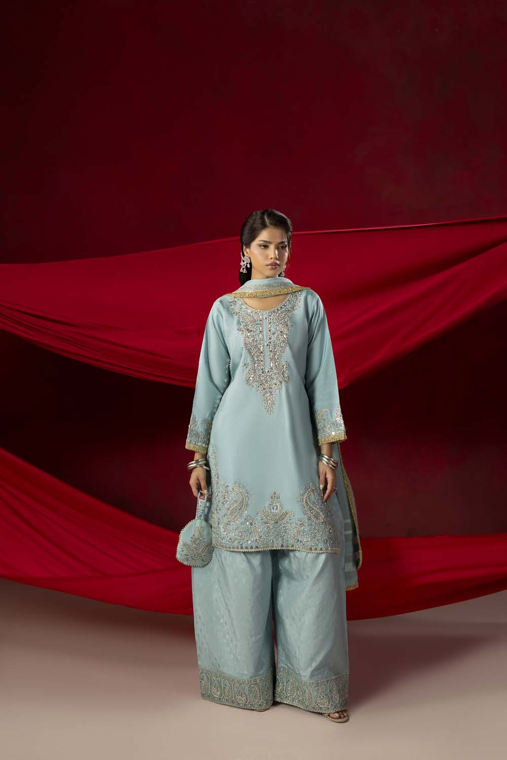 Raw Silk Hand-Embellished Suit — Ice Blue | Rosh Creations