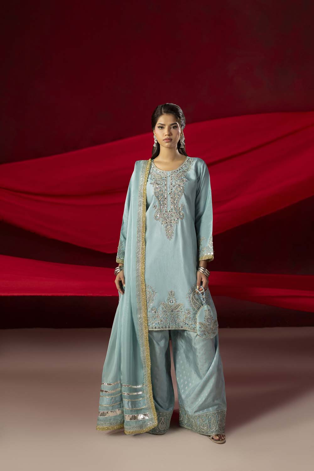 Raw Silk Hand-Embellished Suit — Ice Blue | Rosh Creations