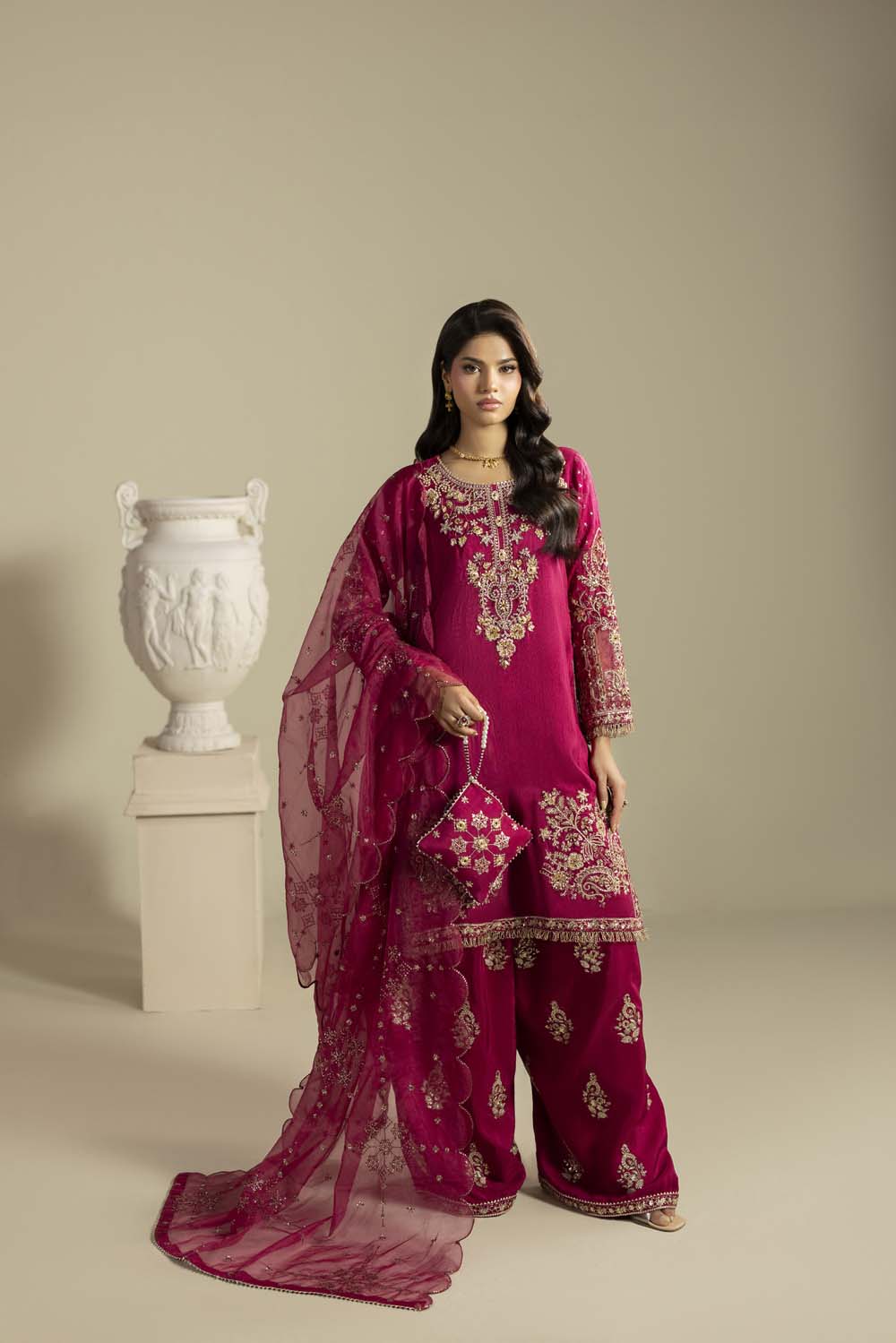Raw Silk Hand-Embellished Suit — Magenta | Rosh Creations