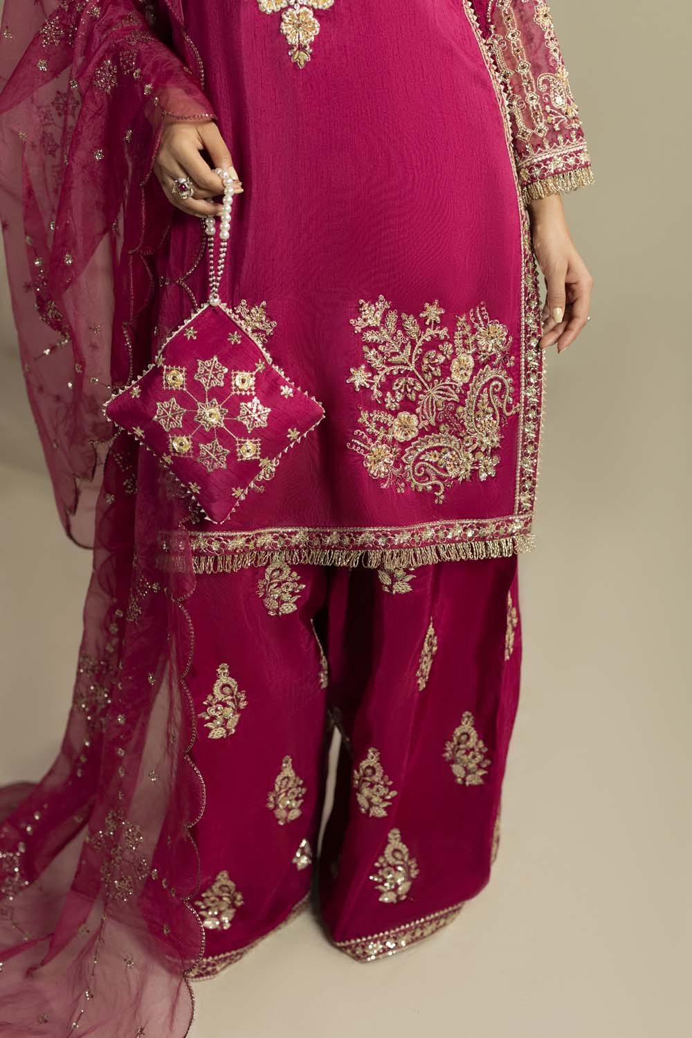 Raw Silk Hand-Embellished Suit — Magenta | Rosh Creations
