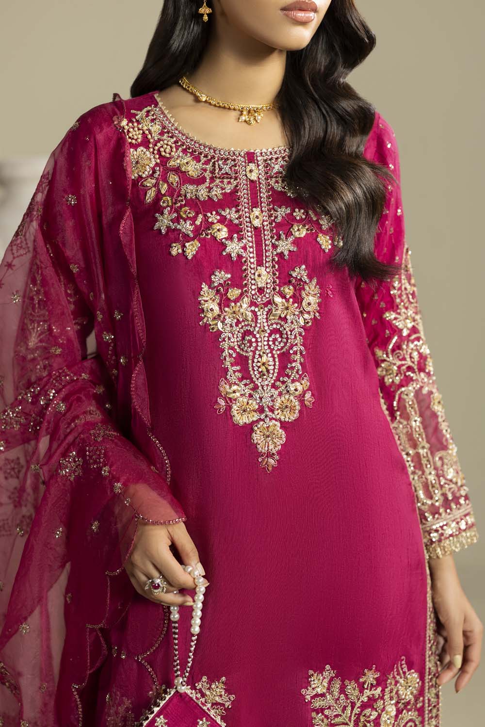 Raw Silk Hand-Embellished Suit — Magenta | Rosh Creations