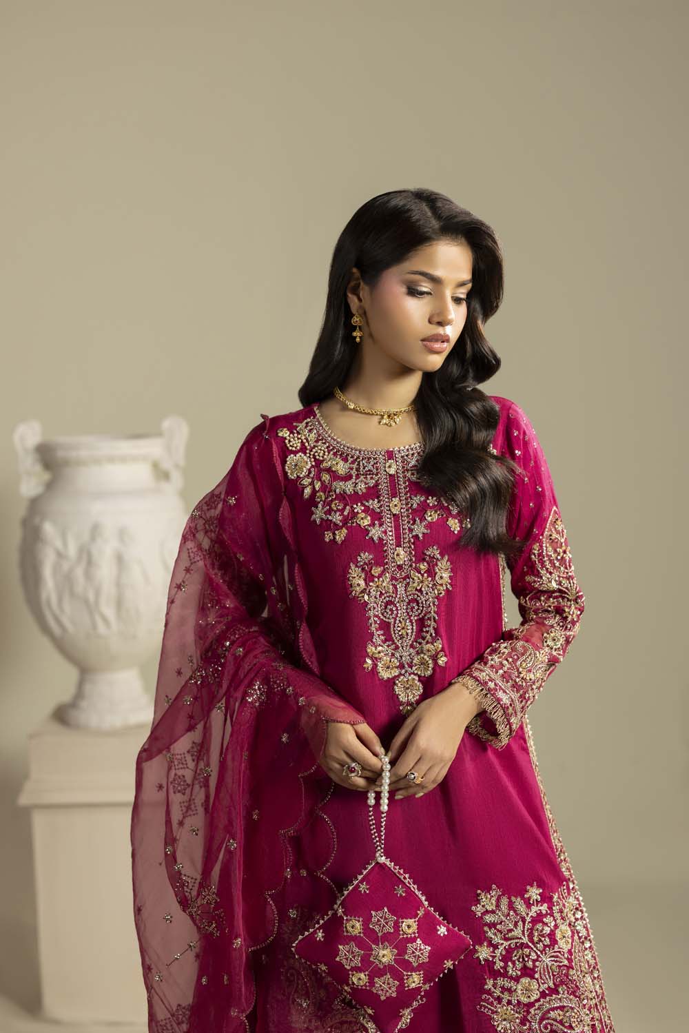 Raw Silk Hand-Embellished Suit — Magenta | Rosh Creations