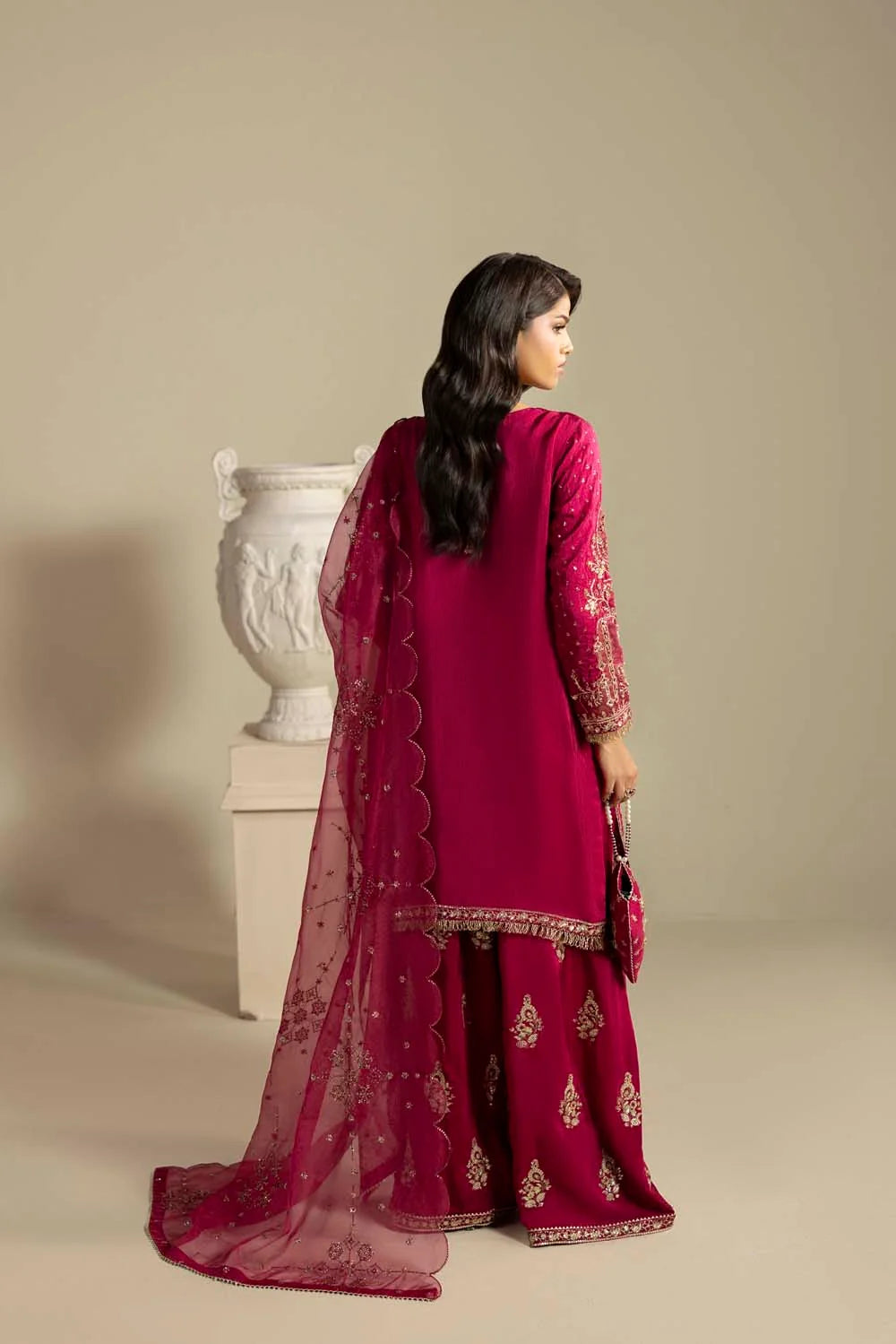 Raw Silk Hand-Embellished Suit — Magenta | Rosh Creations