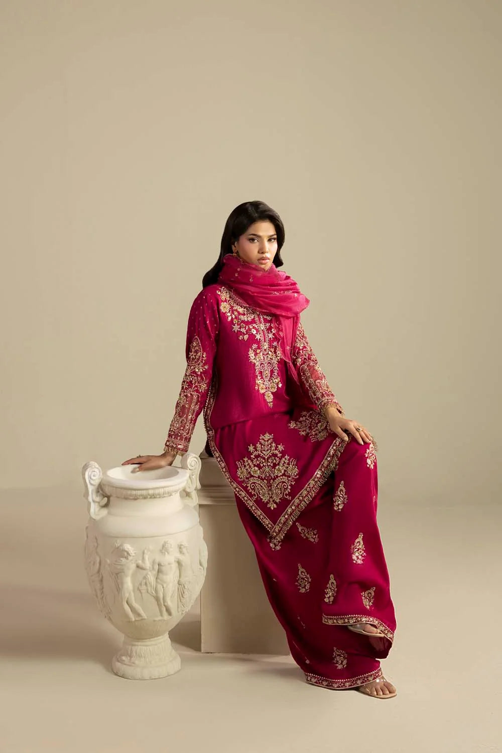 Raw Silk Hand-Embellished Suit — Magenta | Rosh Creations