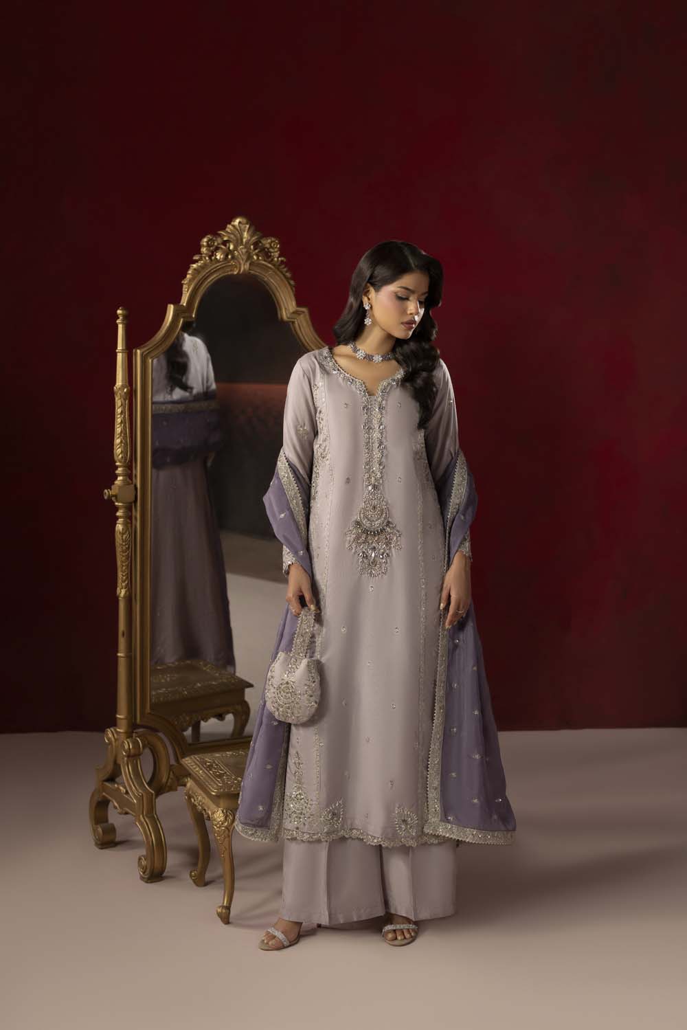 Raw Silk Hand-Embellished Suit — Mouse Gray | Rosh Creations