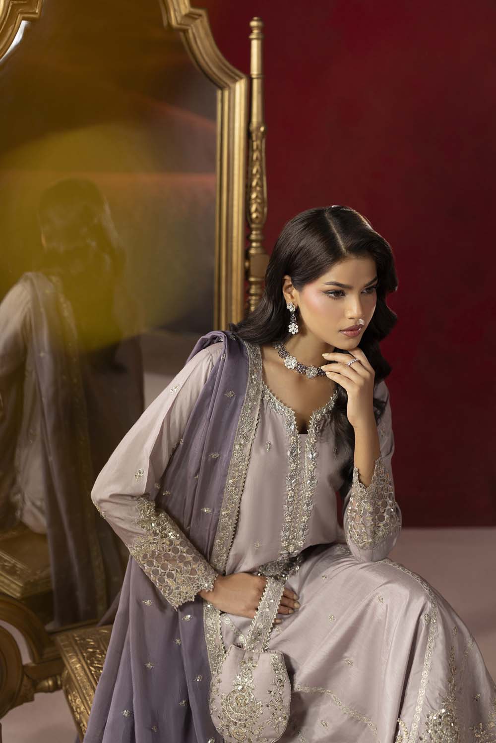 Raw Silk Hand-Embellished Suit — Mouse Gray | Rosh Creations