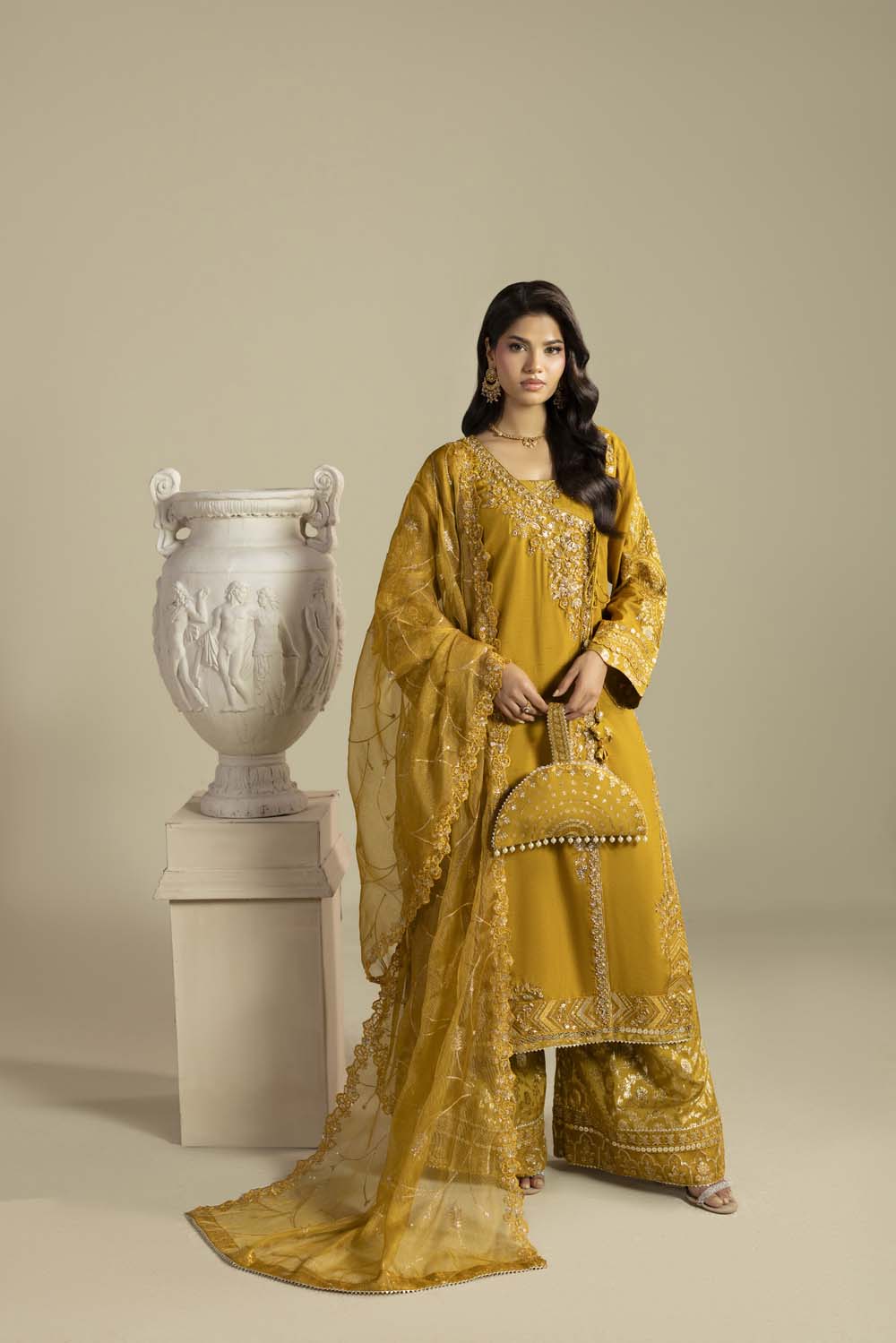 Raw Silk Hand-Embellished Suit — Mustard | Rosh Creations