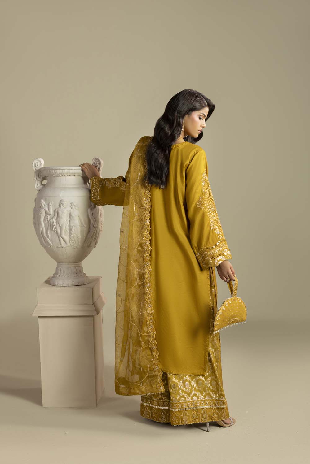 Raw Silk Hand-Embellished Suit — Mustard | Rosh Creations