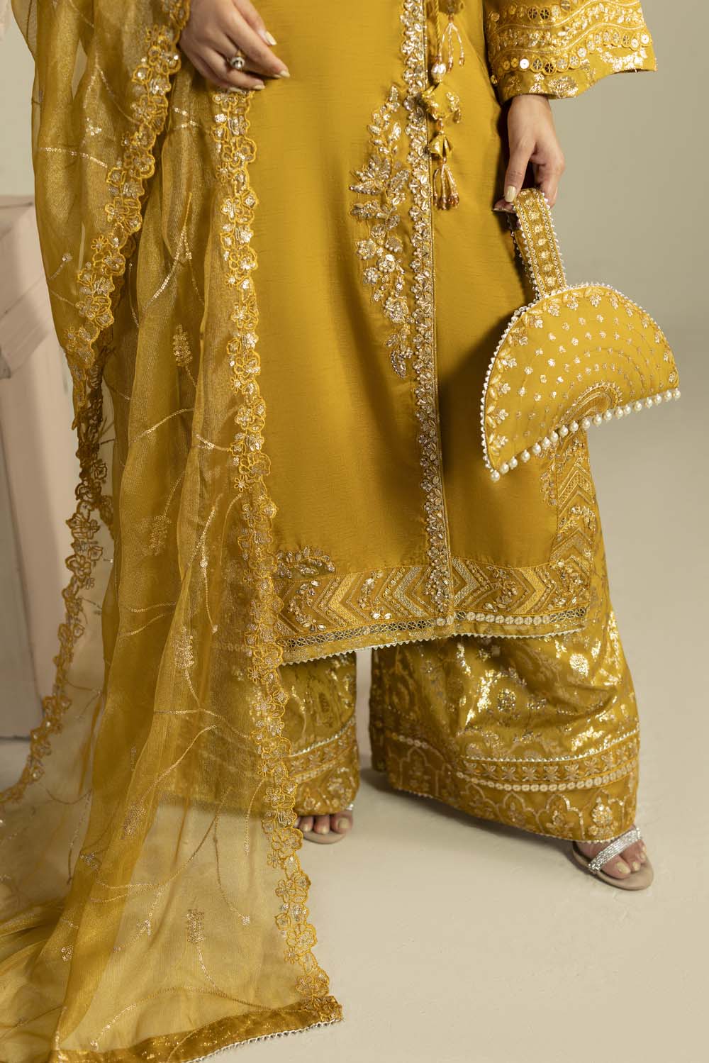 Raw Silk Hand-Embellished Suit — Mustard | Rosh Creations
