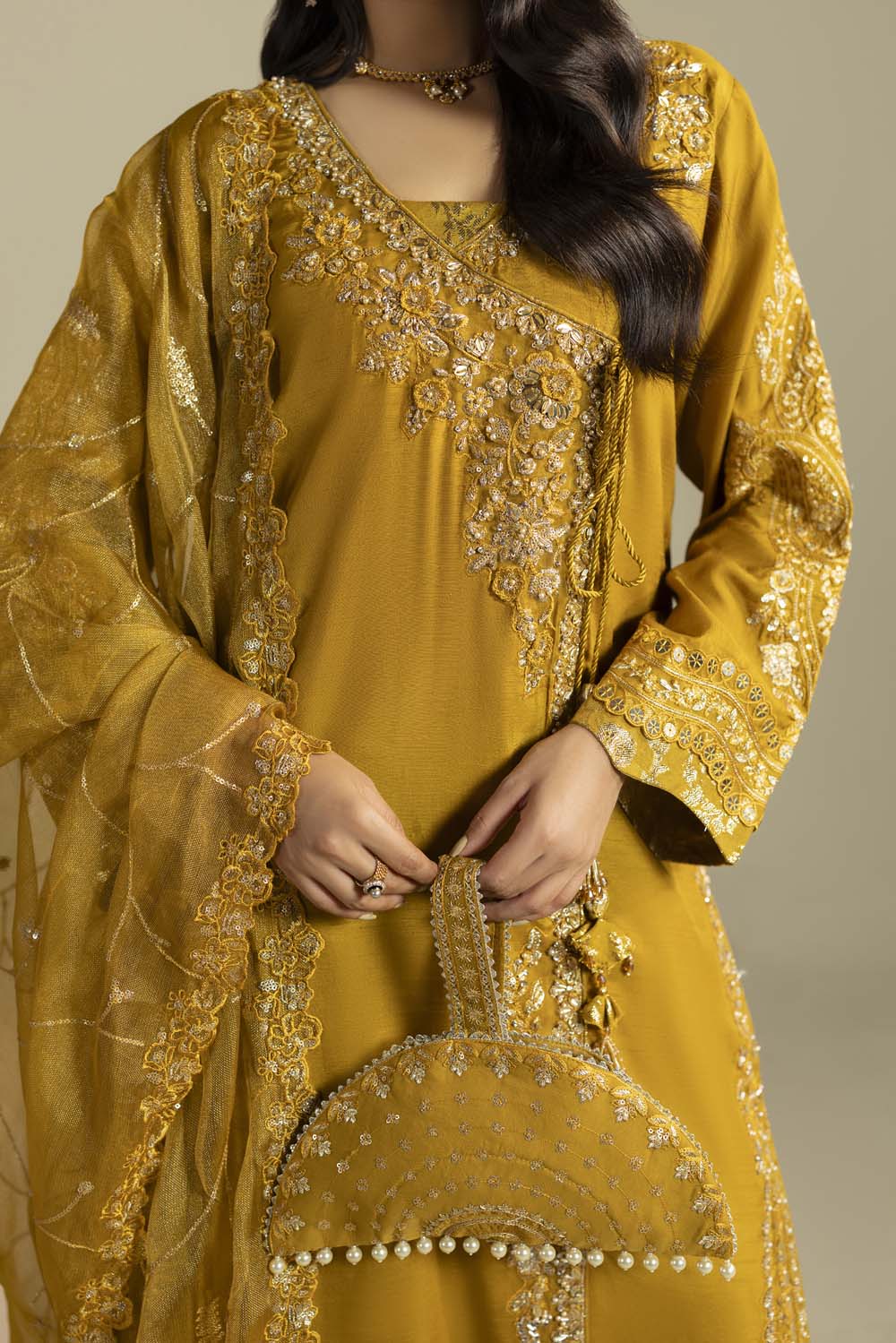Raw Silk Hand-Embellished Suit — Mustard | Rosh Creations