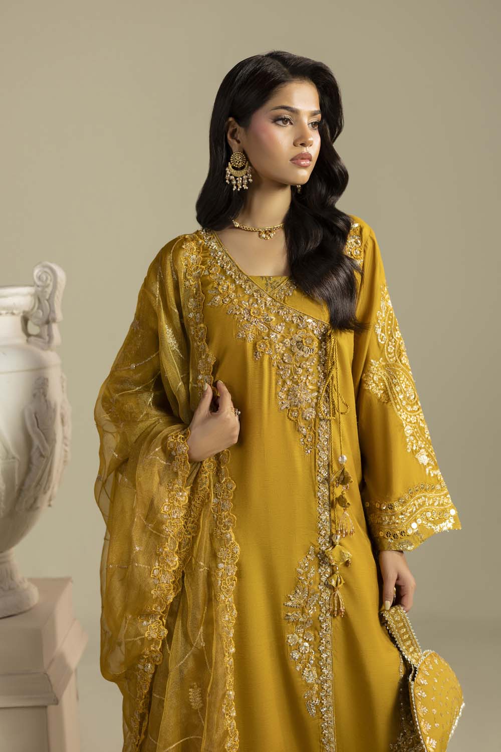 Raw Silk Hand-Embellished Suit — Mustard | Rosh Creations