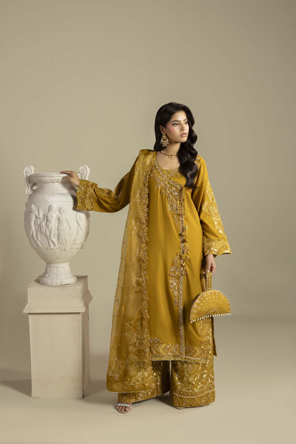 Raw Silk Hand-Embellished Suit — Mustard | Rosh Creations