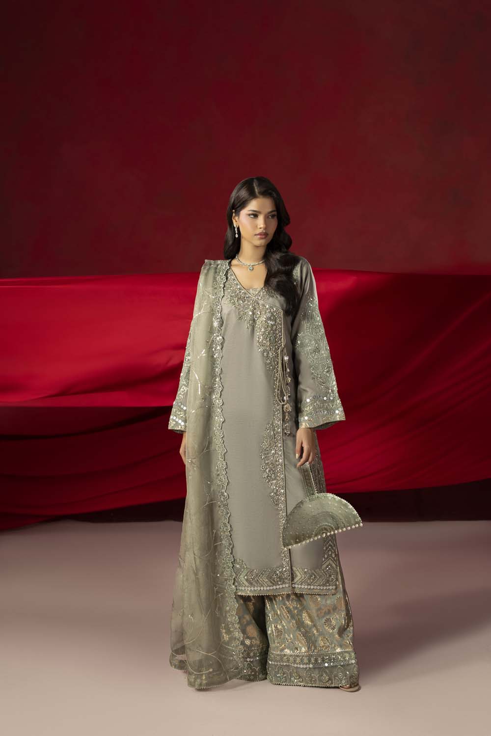 Raw Silk Hand-Embellished Suit — Olive Green | Rosh Creations