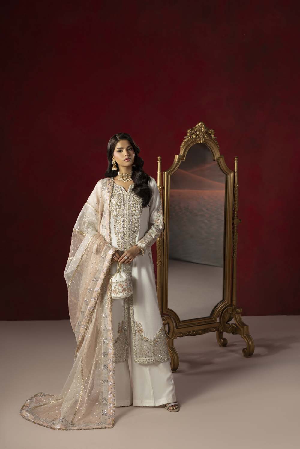 Raw Silk Hand-Embellished Suit — Pearl White | Rosh Creations