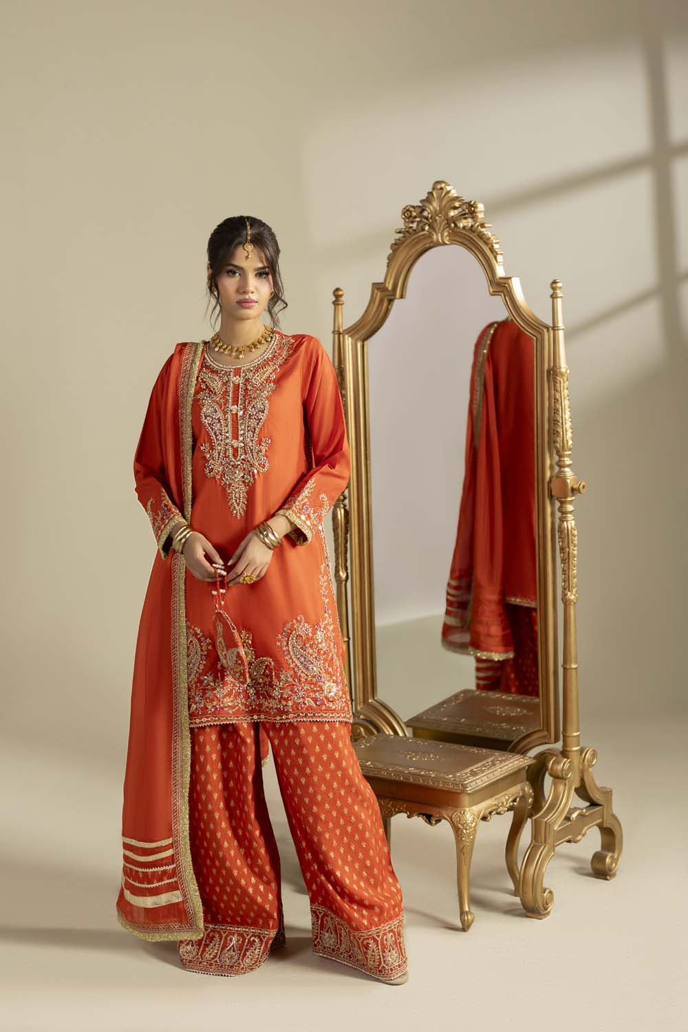 Raw Silk Hand-Embellished Suit — Rust | Rosh Creations