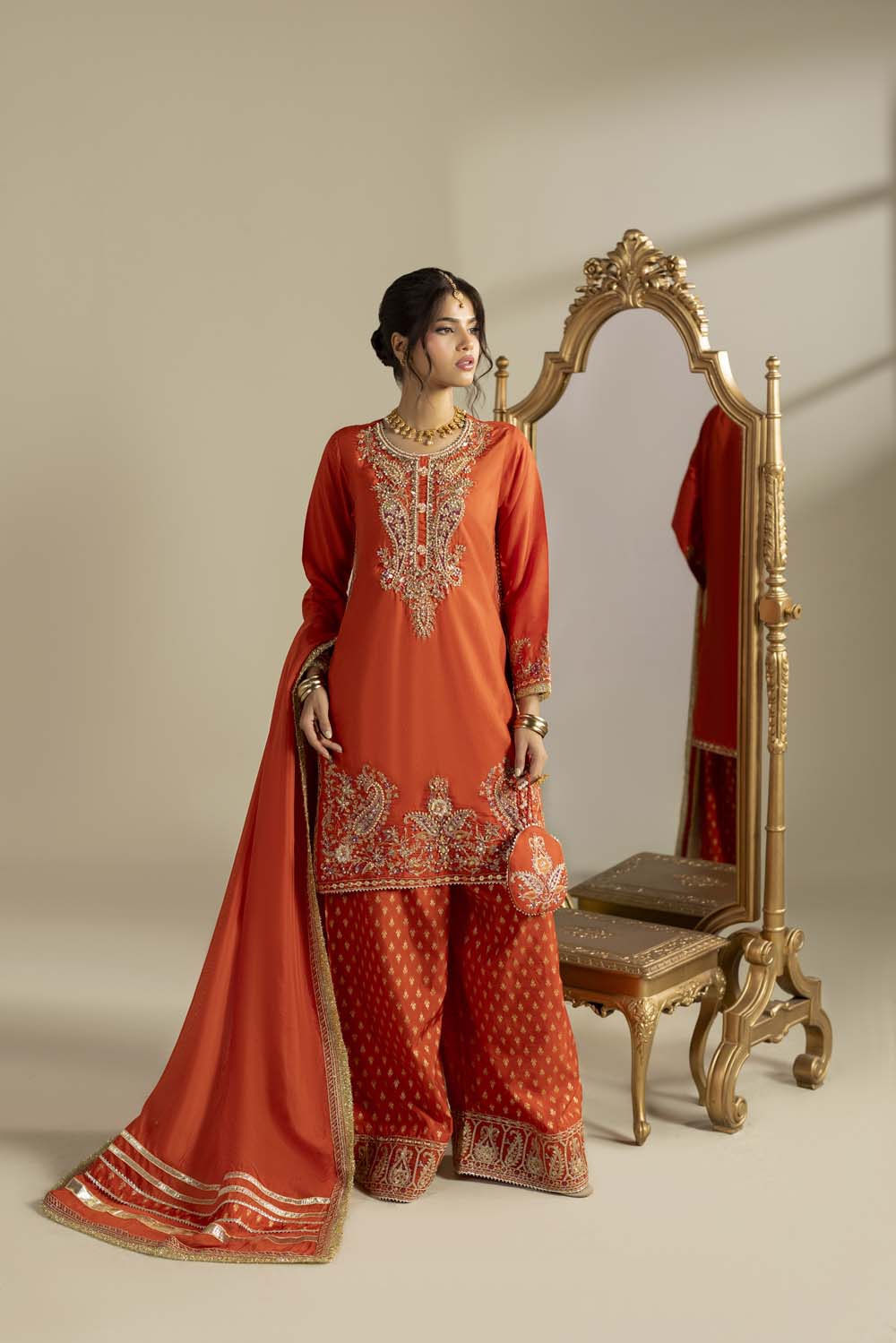 Raw Silk Hand-Embellished Suit — Rust | Rosh Creations