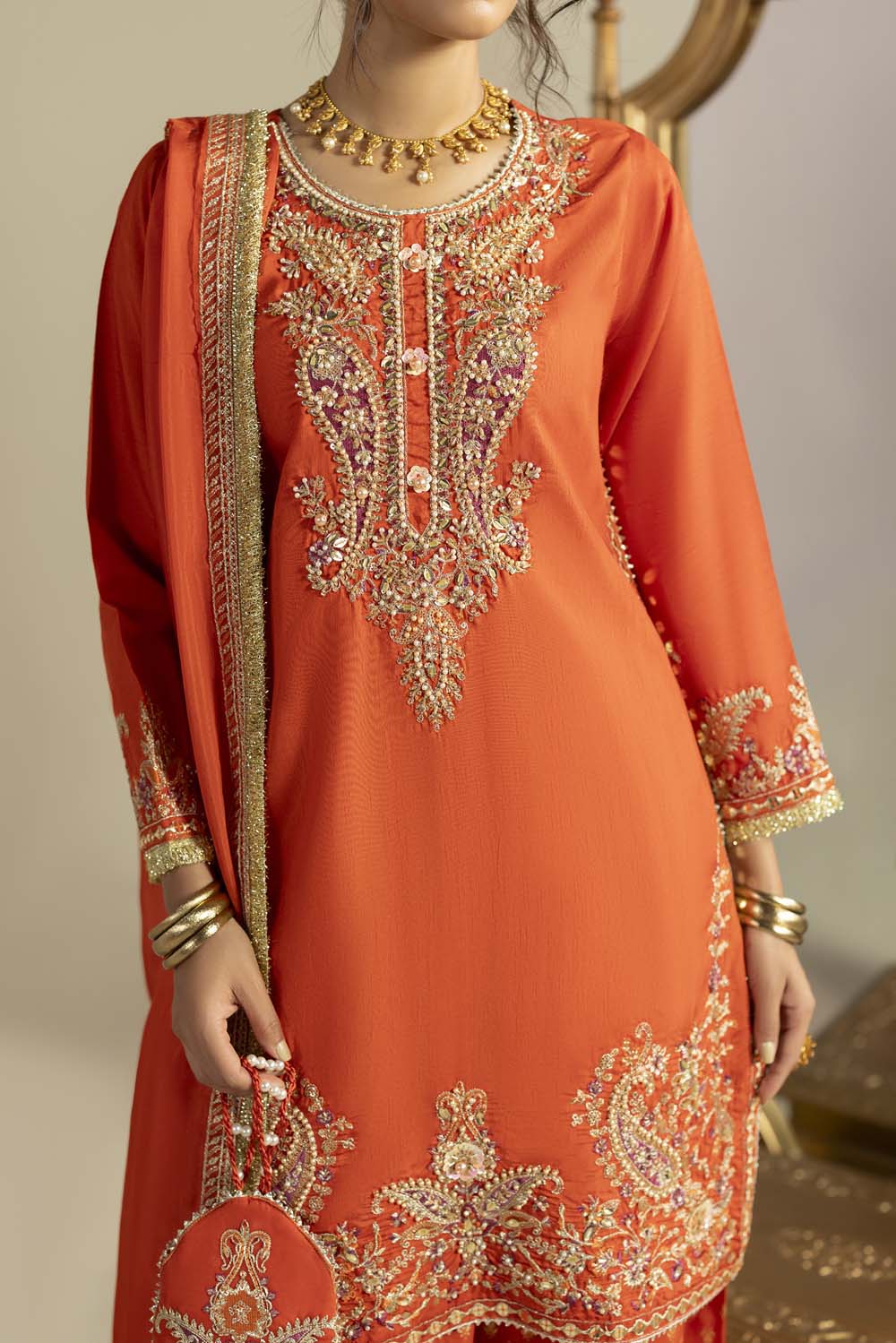 Raw Silk Hand-Embellished Suit — Rust | Rosh Creations