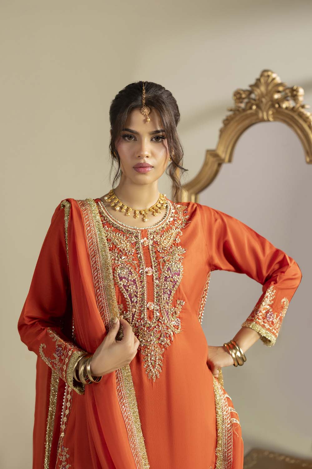 Raw Silk Hand-Embellished Suit — Rust | Rosh Creations