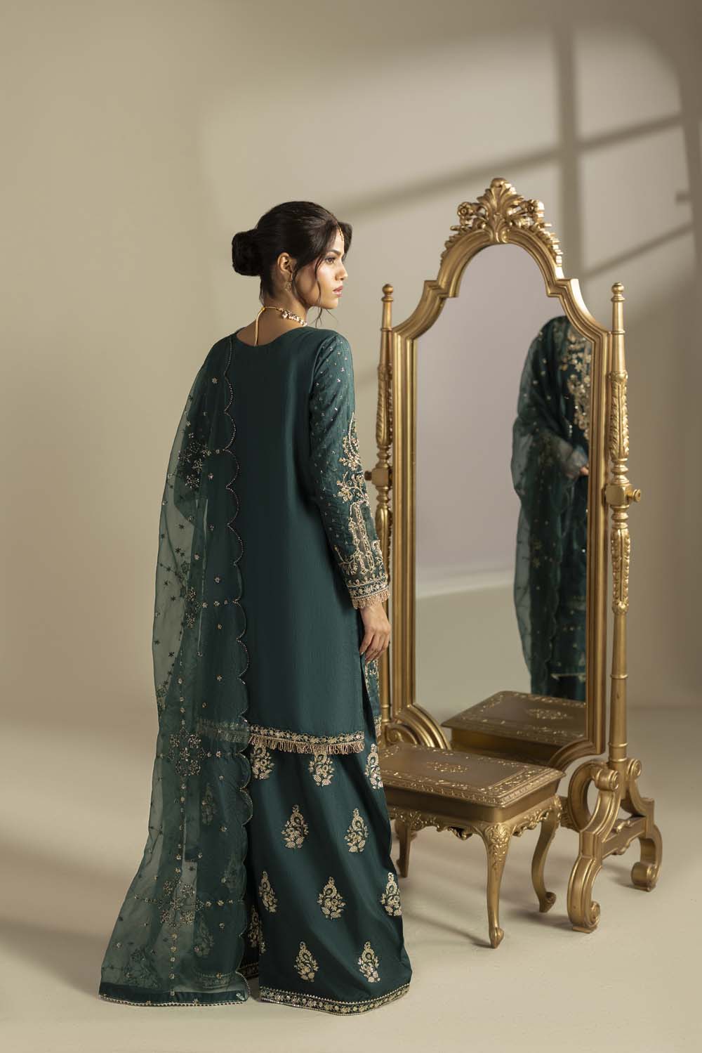 Raw Silk Hand-Embellished Suit — Bottle Green | Rosh Creations