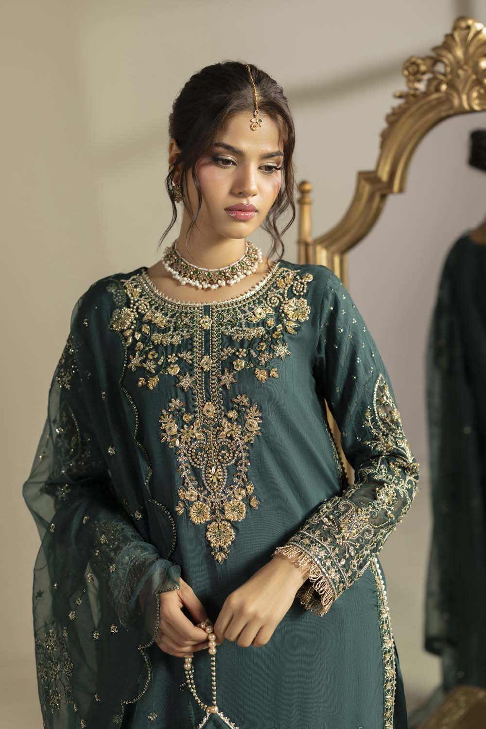 Raw Silk Hand-Embellished Suit — Bottle Green | Rosh Creations