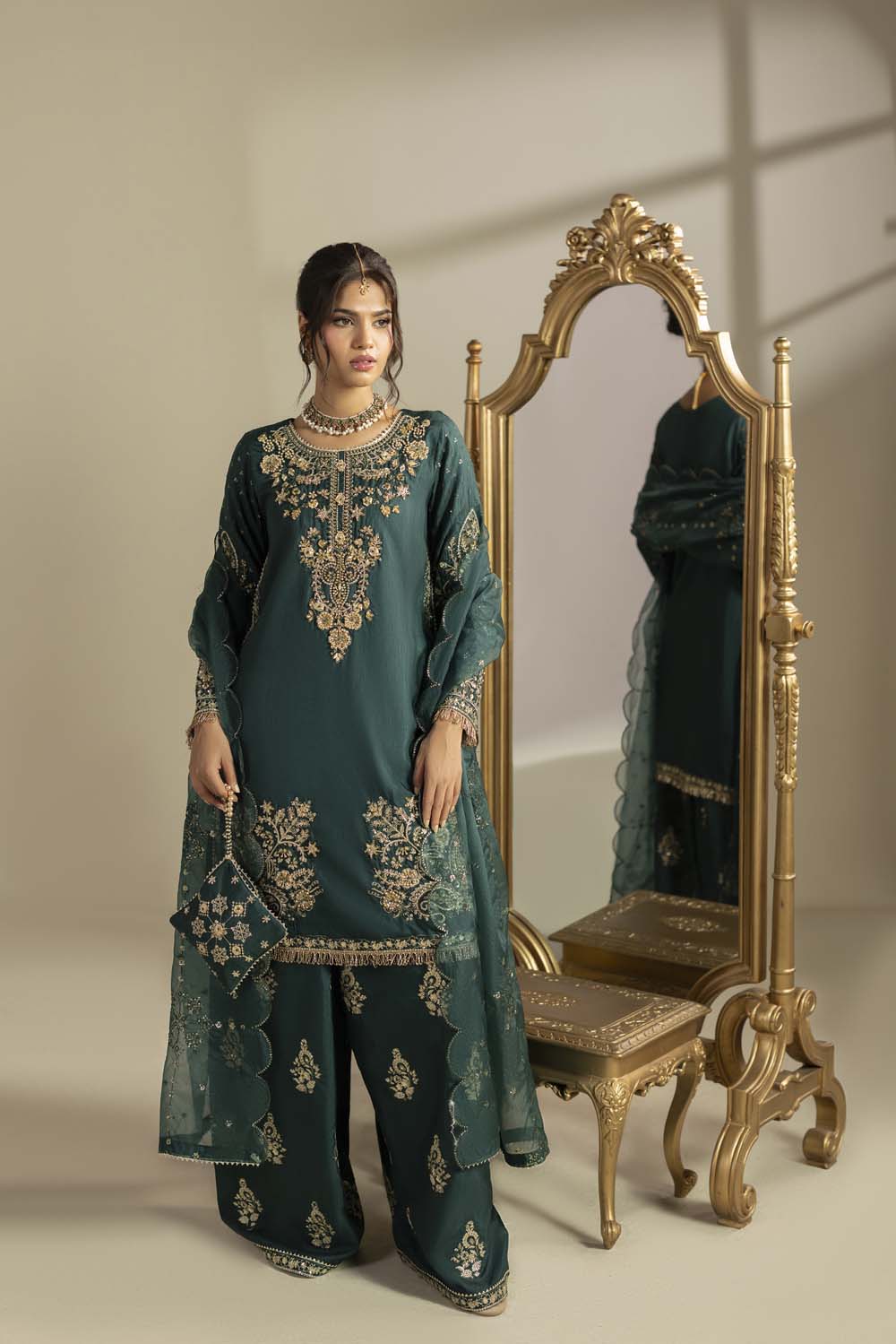 Raw Silk Hand-Embellished Suit — Bottle Green | Rosh Creations