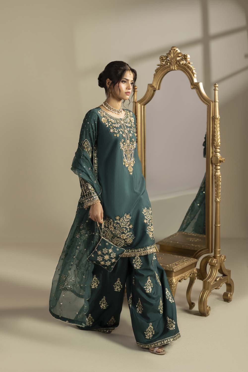 Raw Silk Hand-Embellished Suit — Bottle Green | Rosh Creations