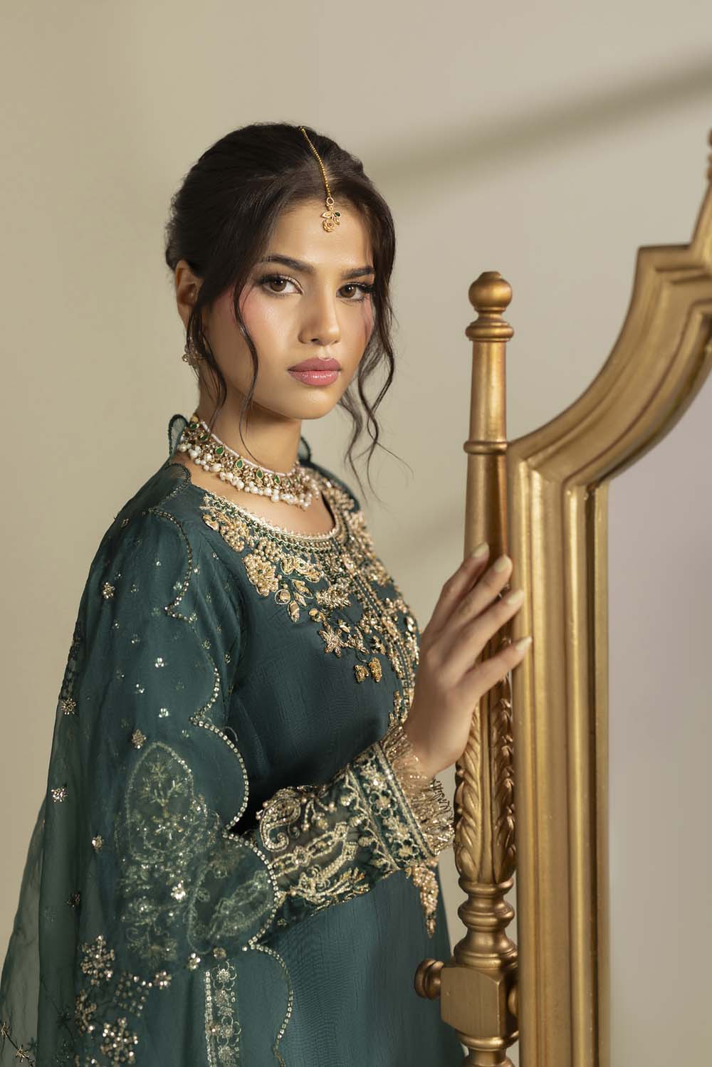 Raw Silk Hand-Embellished Suit — Bottle Green | Rosh Creations