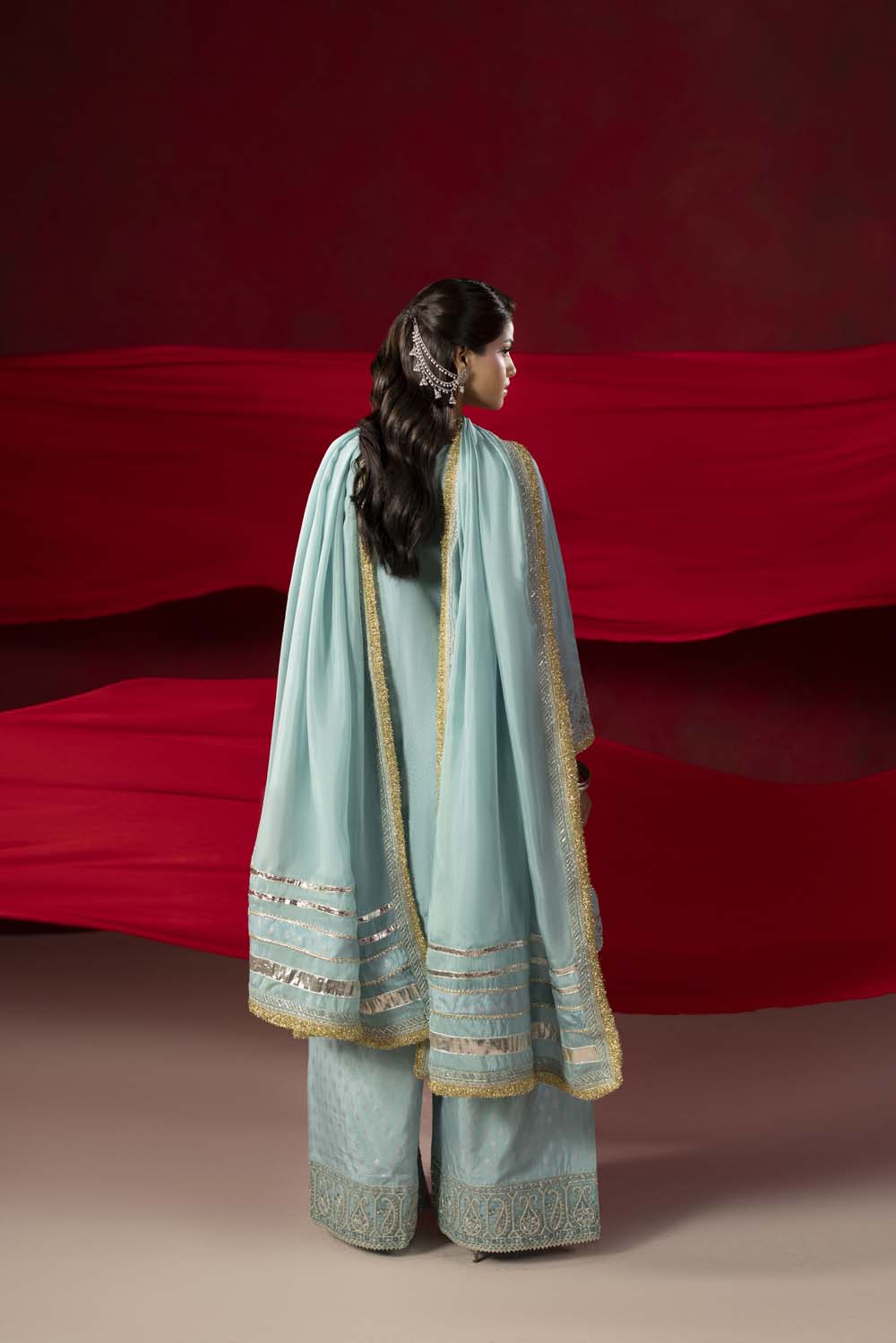 Raw Silk Hand-Embellished Suit — Ice Blue | Rosh Creations