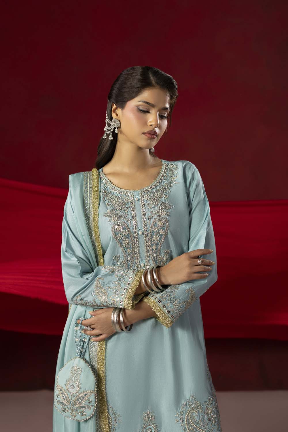 Raw Silk Hand-Embellished Suit — Ice Blue | Rosh Creations