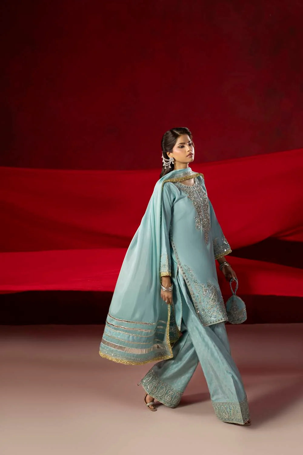 Raw Silk Hand-Embellished Suit — Ice Blue | Rosh Creations
