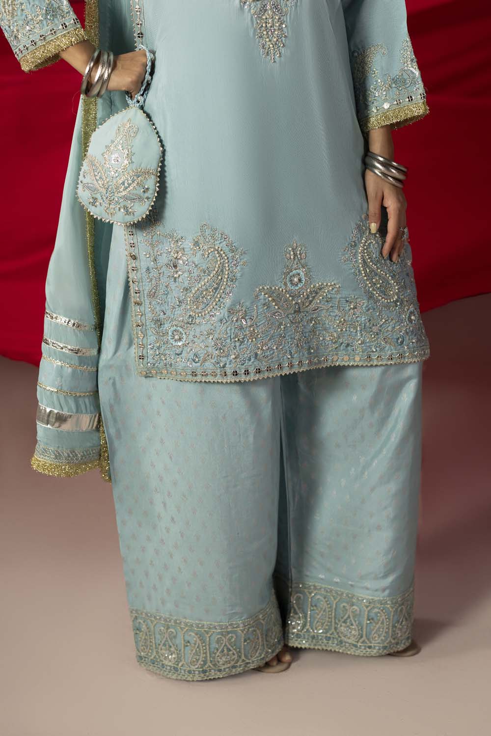 Raw Silk Hand-Embellished Suit — Ice Blue | Rosh Creations