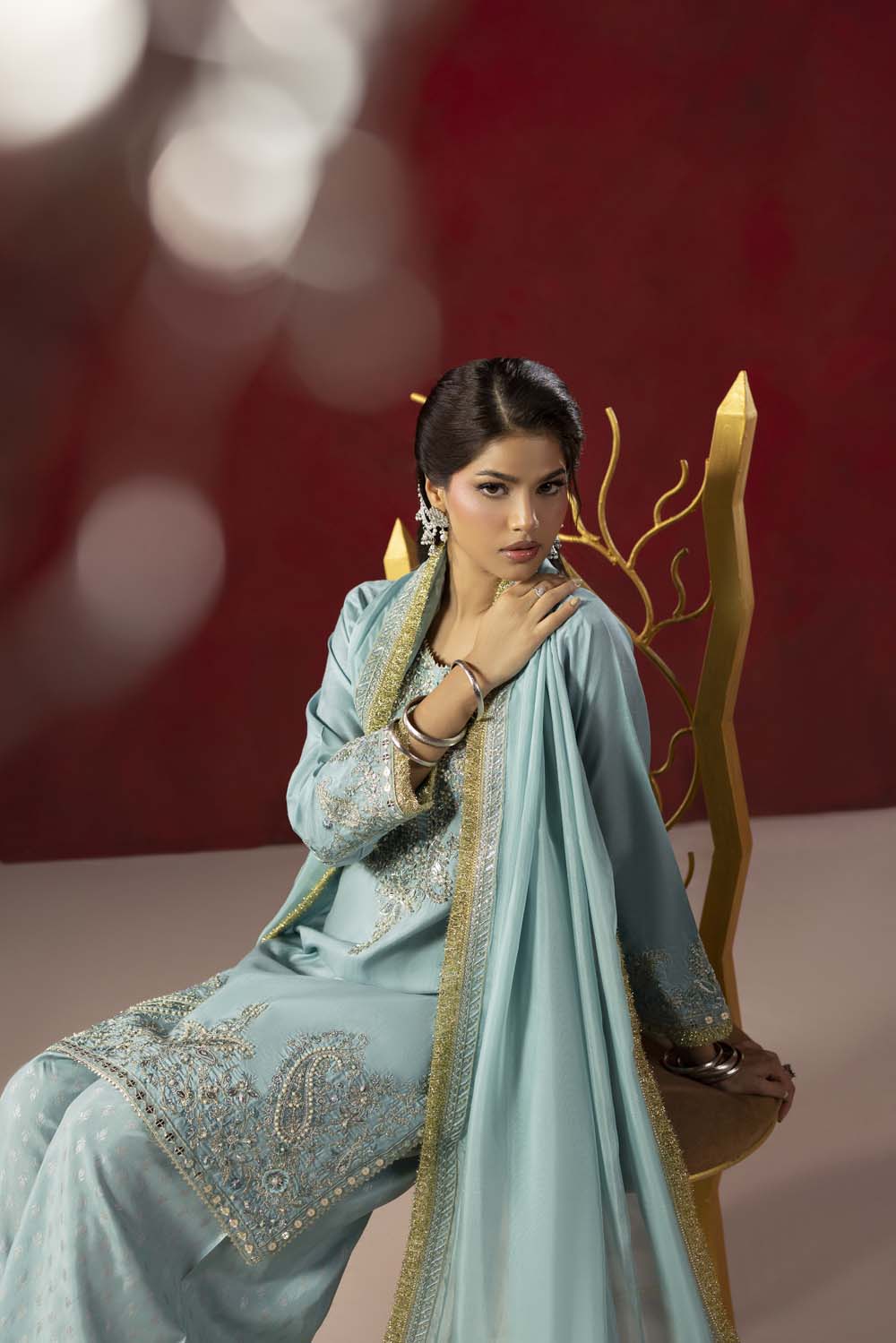 Raw Silk Hand-Embellished Suit — Ice Blue | Rosh Creations
