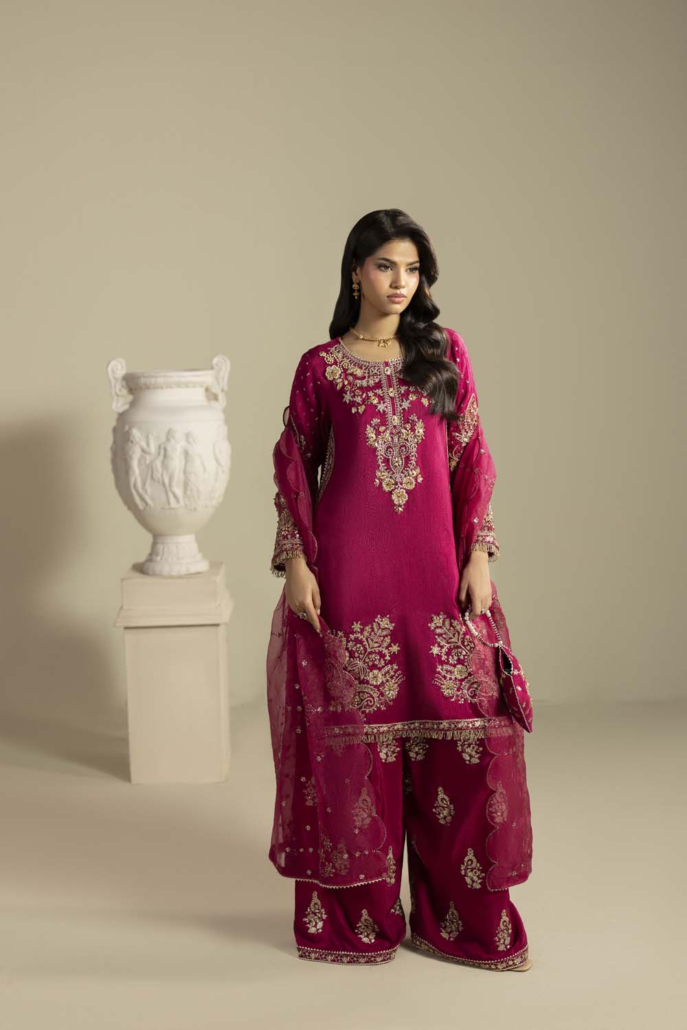 Raw Silk Hand-Embellished Suit — Magenta | Rosh Creations