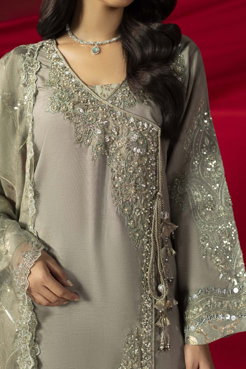 Raw Silk Hand-Embellished Suit — Olive Green | Rosh Creations