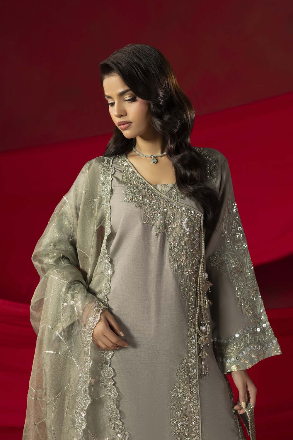 Raw Silk Hand-Embellished Suit — Olive Green | Rosh Creations