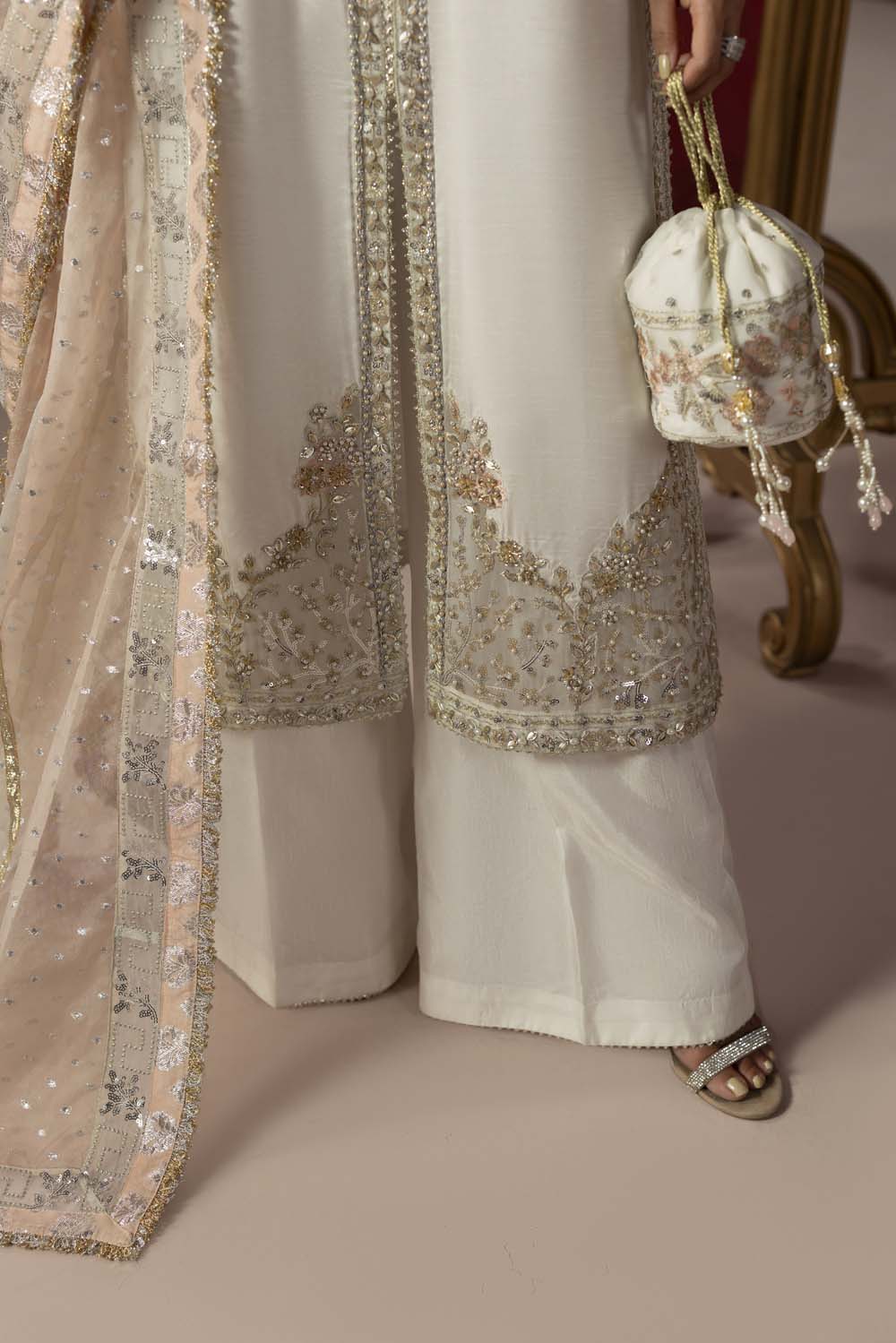 Raw Silk Hand-Embellished Suit — Pearl White | Rosh Creations