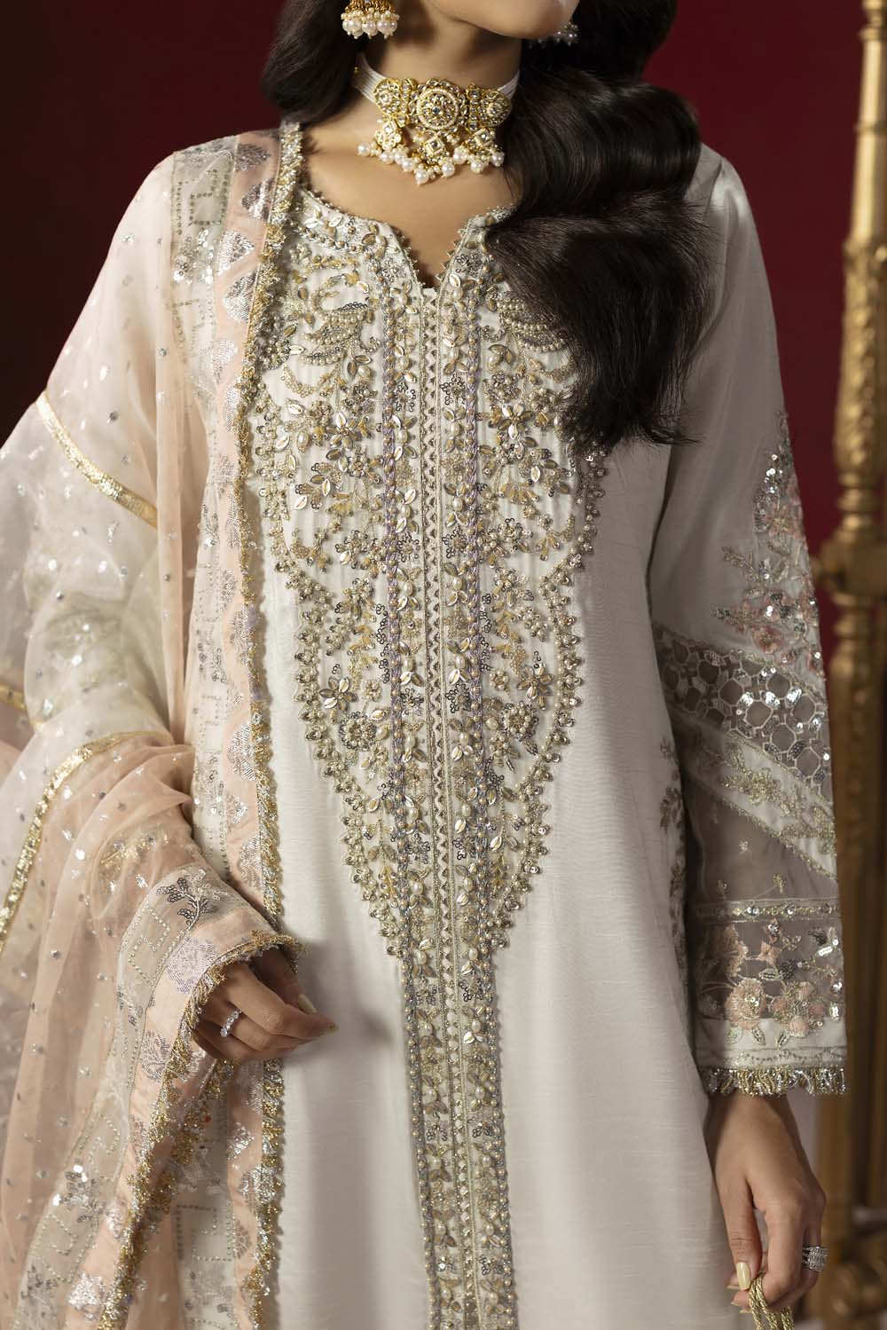 Raw Silk Hand-Embellished Suit — Pearl White | Rosh Creations