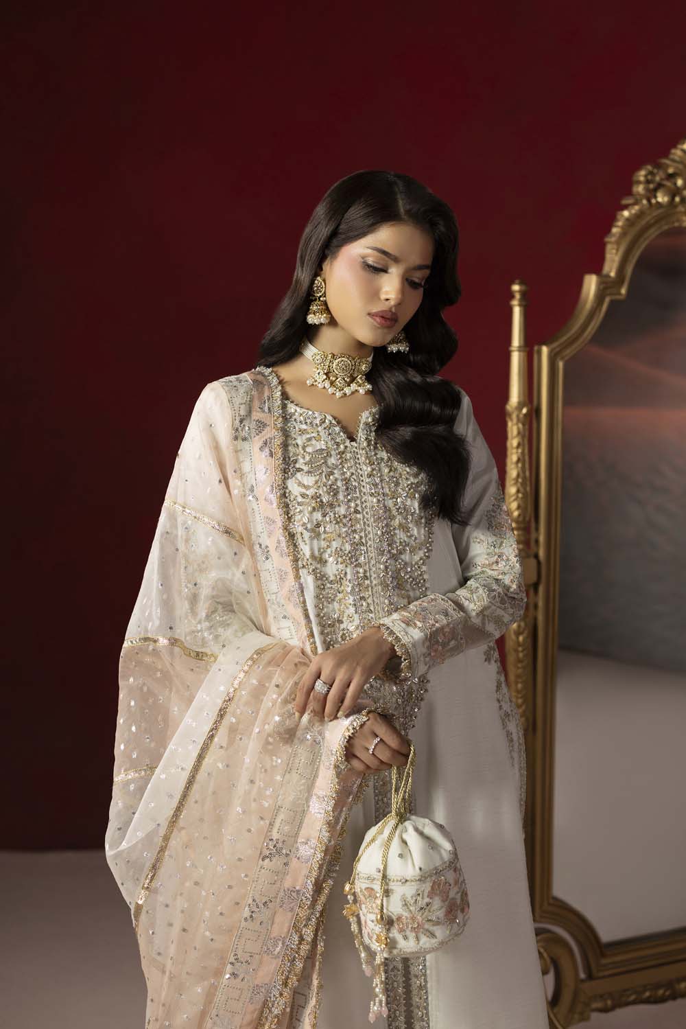 Raw Silk Hand-Embellished Suit — Pearl White | Rosh Creations