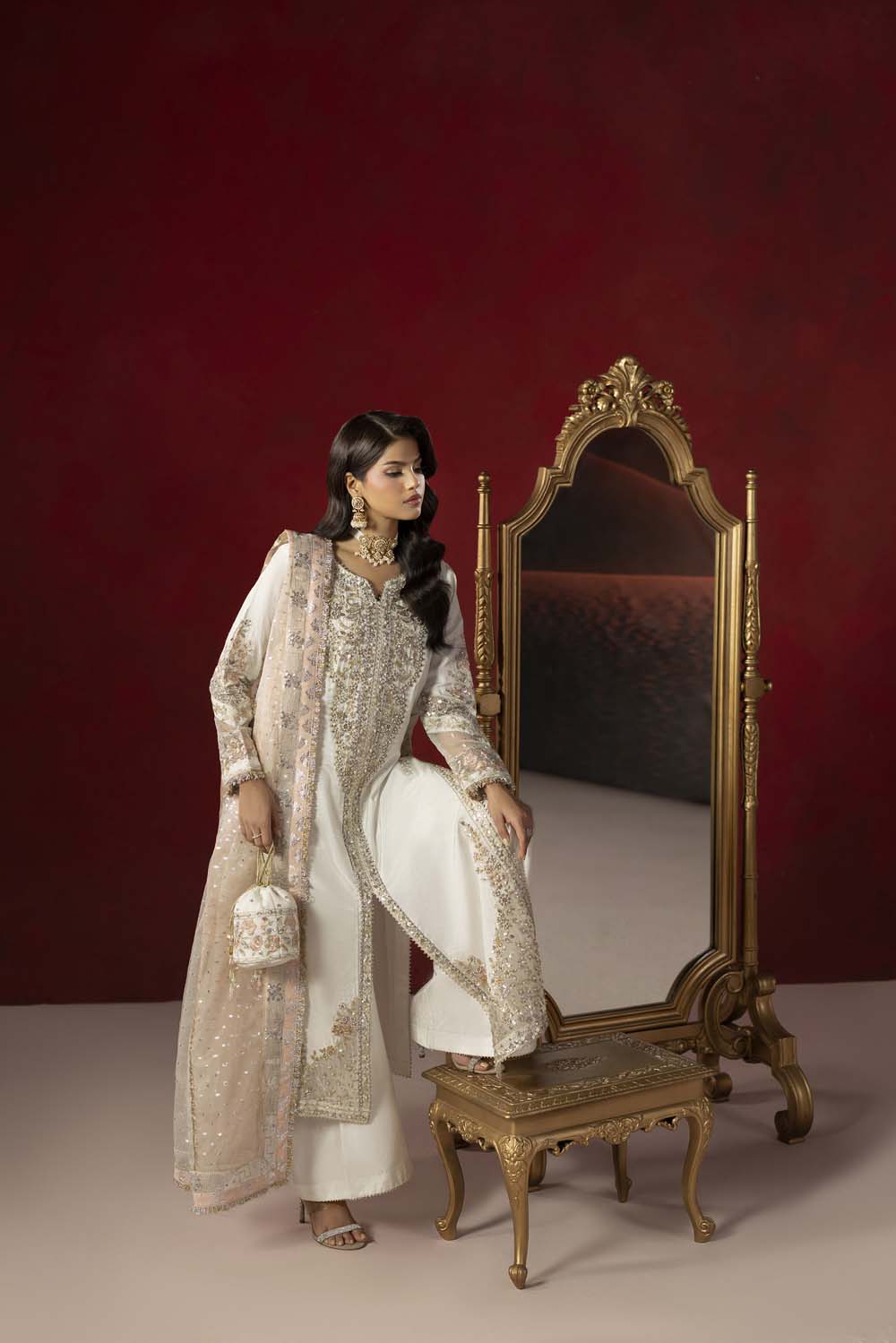 Raw Silk Hand-Embellished Suit — Pearl White | Rosh Creations
